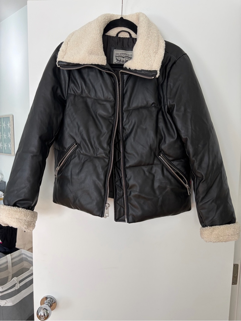 Like New Levi's Black faux leather pufferJacket with Cream Sherpa Collar/ Cuffs